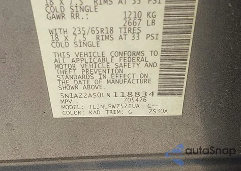 2020 Nissan Murano S Intelligent Awd z USA, uszkodzony, nr VIN 5N1AZ2AS0LN118834